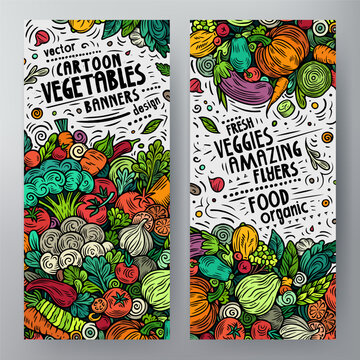 Cartoon vector doodle set of Fresh Vegetables banners templates. Corporate identity for the use on apps, branding, flyers, web design. Funny veggies colorful illustration.