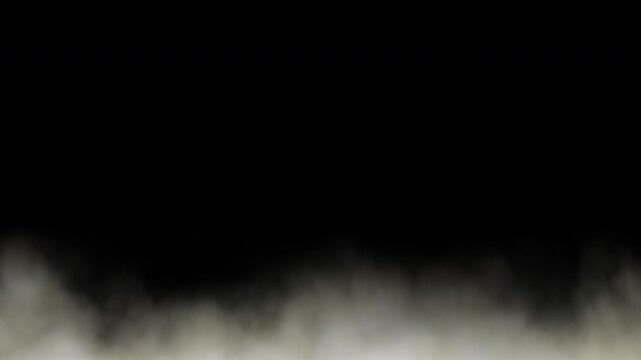 White cinematic fog hanging low over the ground against a black background. Seamless looping video.
