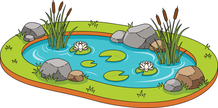 Small natural pond landscape with water lilies reeds rocks and plants peaceful garden lake vector illustration