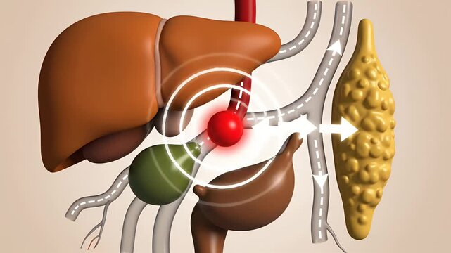 Human liver, gallbladder, pancreas, spleen with highlighted medical issue