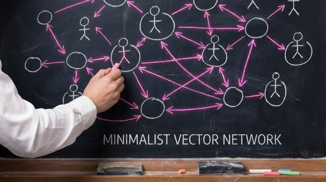 Hand Drawing Complex Network Diagram on Chalkboard in Educational Setting