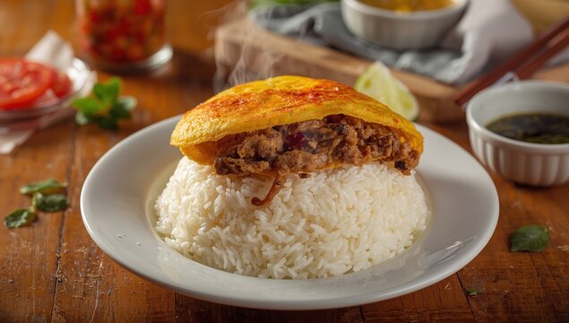 Thai style Rice with omelet stuff minced pork ,street food of thailand ,Thai call khao kai jeaw moo sab , close up