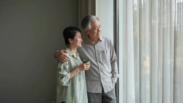 春の薄手コットンに衣装を替え窓辺で微笑む日本人シニア夫婦