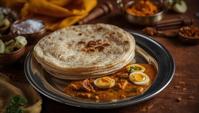 Homemade Kerala parotta porotta paratta layered flat bread using maida or whole grain wheat flour popular in south india ,served in a steel plate with tasty egg masala as side dish,a good combination