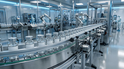 Fototapeta premium Pharmaceutical Vials Automatic Production Line in Modern Factory for Vaccine Manufacturing and Biotechnology Drug Development