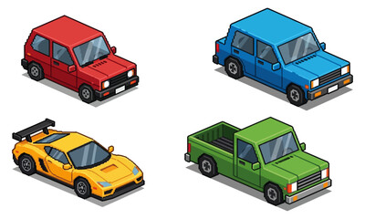 Fototapeta premium Isometric collection of diverse stylized vehicles, featuring compact cars, sedans, sports cars, and rugged pickup trucks, perfect for game assets and digital designs