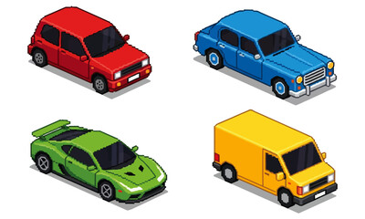 Fototapeta premium Collection of detailed pixel art isometric vehicle illustrations including a compact car, classic sedan, sports car, and delivery van, perfect for game assets or retro design projects