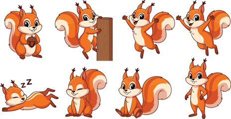Cute squirrel cartoon characters collection holding acorn climbing jumping and sleeping flat vector illustration set isolated © EdGe Creative