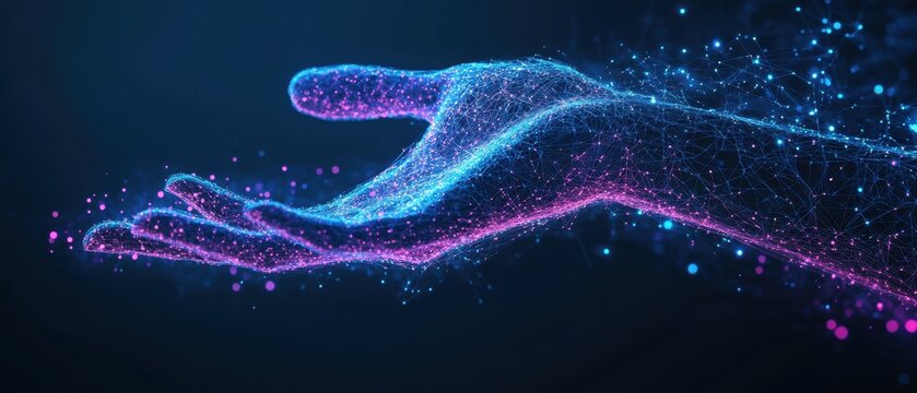 Abstrakte leuchtende digitale Hand aus Netzwerken und Datenpunkten, Konzept f&uuml;r K&uuml;nstliche Intelligenz und Zukunftstechnologie