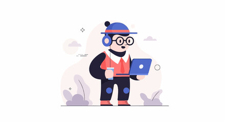 Fototapeta premium A cartoon character wearing headphones, glasses, hat, and vest, holding a drink and laptop
