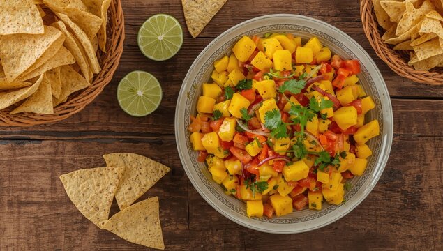 Healthy Mexican mango salsa salad with tacos and fruits on a wooden table. Enjoying this dish with chips is nutritious
