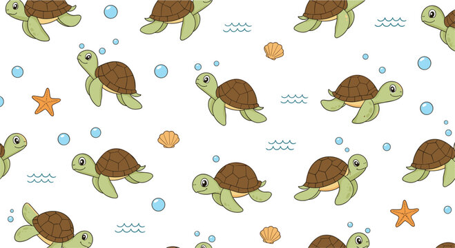 Seamless repeating pattern of cartoon sea turtles, starfish, seashells and bubbles for aquatic themed vector design projects