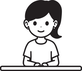 Obraz premium Hand Drawn Woman Sitting at Desk Black and White Avatar Illustration in Minimal Line Art Style Design