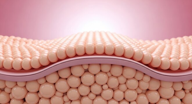 Skin layers with cells and dermis on pink background