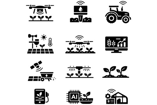 Smart Agriculture Outline Icons &ndash; Drone, Sensor Network, AI Data, Farm Automation