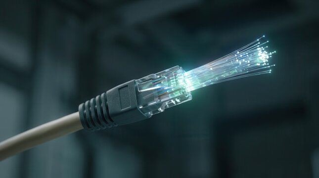 Glowing ethernet network cable transmitting high speed digital data for internet telecommunications and futuristic fiber optic connection concept.
