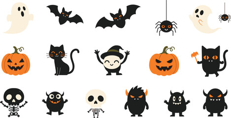 Cute Halloween Characters Collection Ghost Bat Pumpkin Cat Skeleton and Monsters Cartoon Vector Illustration Set