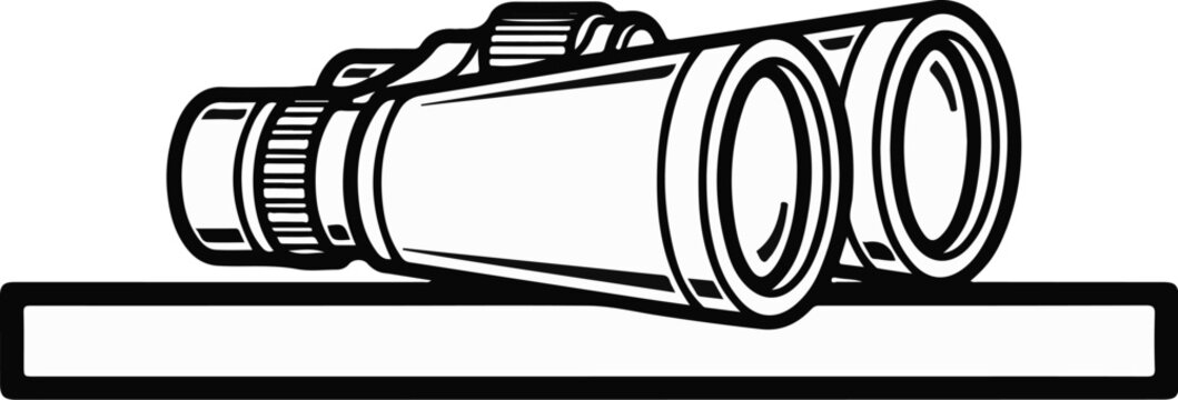 A black and white illustration of binoculars resting on a rectangular ledge