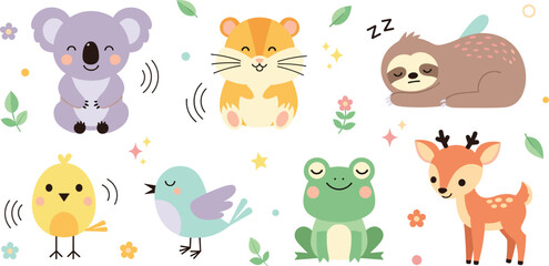 Fototapeta premium Vector Illustration Set of Cute Cartoon Animals Including Koala Hamster Sloth Frog Deer and Small Birds Isolated on White