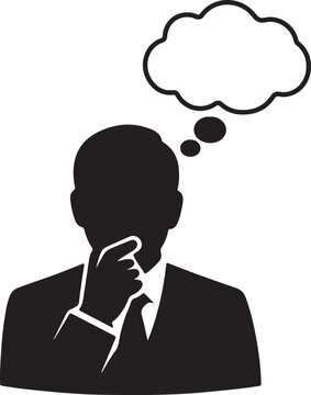 Silhouette icon of a person with a thoughtful expression depicting deep contemplation and a speech bubble with three dots indicating an unexpressed idea or thought process