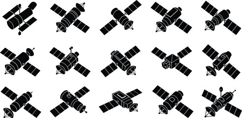 Satellite space station silhouette illustration design, aerospace technology artwork concept, orbital spacecraft theme, communication symbol, futuristic engineering graphic style image © MdEkramul
