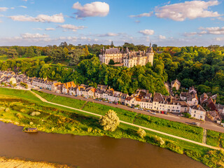 Obraz premium High angle Drone Point of View on Chaumont-sur-Loire, a commune and town in the Loir-et-Cher department, France on summer day.