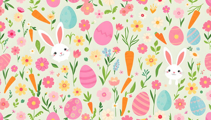 Fototapeta premium Vibrant Easter seamless pattern featuring adorable white rabbits, colorful decorative eggs, charming spring flowers, and fresh green carrots, perfect for festive holiday designs