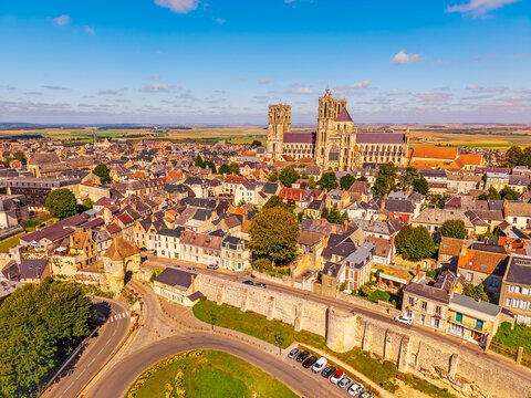High angle Drone Point of View on Laon, a city in the Aisne department in Hauts-de-France in northern France.