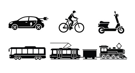 Various transportation methods depicted in a black graphic silhouette high quality © Jewel