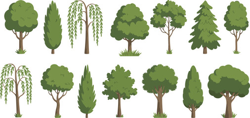 Collection of twelve different green trees with varying shapes and leaf patterns on a white background © Hey there