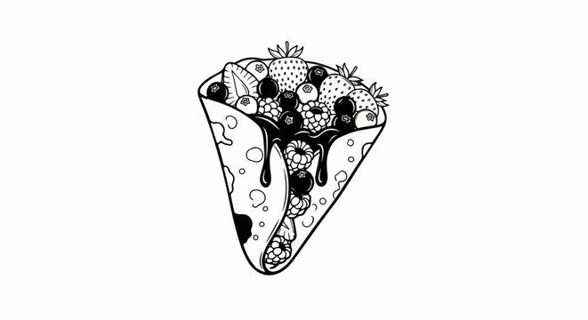 A black and white illustration of a crepe filled with berries and dripping chocolate
