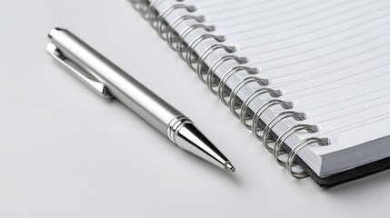 Naklejka premium Close-up of a Silver Pen and Spiral Notebook on a White Surface.
