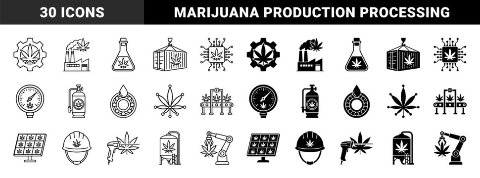 Industrial Cannabis Manufacturing and Laboratory Processing Icons Featuring Hybrid Leaf Designs Integrated with Factory Gear and Scientific Equipment
