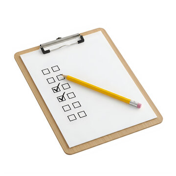 Clipboard with multiple choice test sheet and pencil isolated on transparent background
