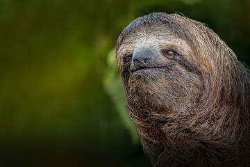 Fototapeta premium Three toed sloth close up portrait in tropical rainforest