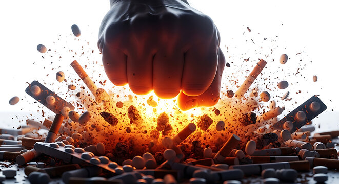 A clenched fist smashing through a pile of cigarettes and ashes.