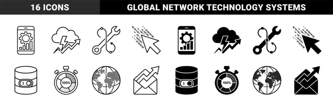 Hybrid digital optimization and data performance icons featuring cloud lightning bolts and synchronized gear smartphone interface elements
