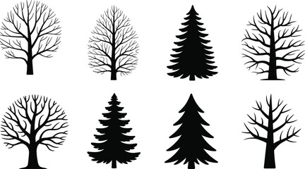Eight black and white tree silhouettes including deciduous and coniferous types arranged in two rows © Hey there