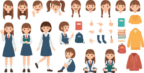 Cute School Girl Character Creation Kit Vector Set with Student Uniform Poses Faces Gestures Backpack Books Accessories