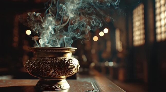A close-up shot of an ornate bronze incense burner emitting smoke on a wooden table in a dimly lit room with warm tones and soft focus