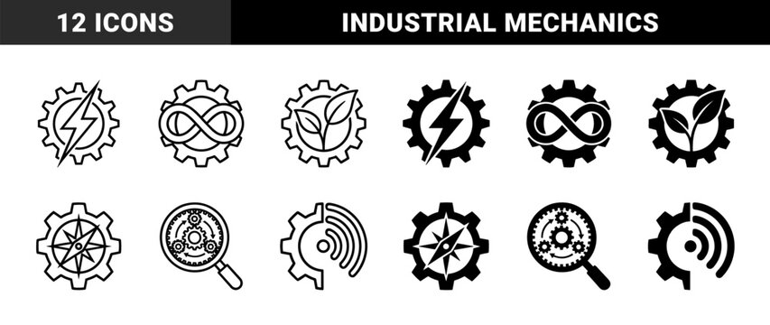 Hybrid gear icon set featuring integrated symbols for energy bolt infinity loop organic leaf compass needle magnifying glass and wireless signal