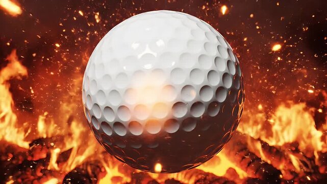 This digital artwork shows a white golf ball set against a backdrop of vivid flames and fiery embers. The high-resolution video focuses on the ball's texture and the intense heat surrounding it.