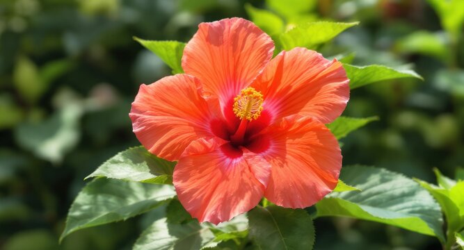 A vibrant, orange hibiscus flower blooms in the sun, surrounded by green leaves