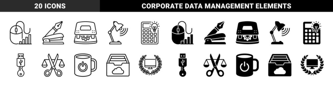 Hybrid office and digital productivity icon set featuring conceptual merges like a mouse with bar charts and a stapler combined with a fountain pen