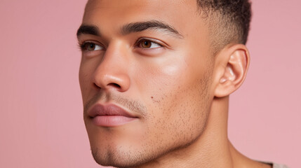 Fototapeta premium Handsome male portrait with healthy matte to glow skin finish, soft studio lighting and pink background conveying calm confidence