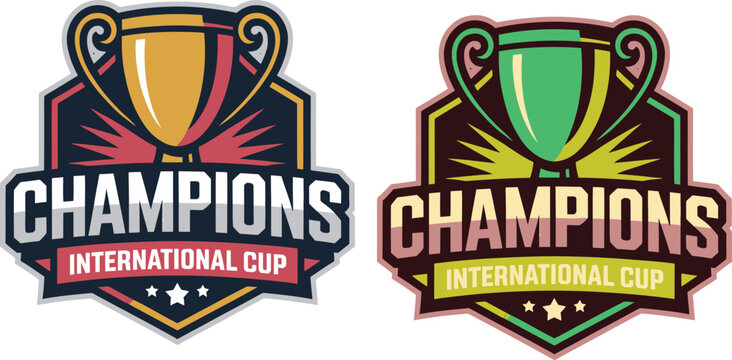 Champions International Cup Badge Set with Gold and Green Trophy Icons for Sports Tournaments and Championship Awards