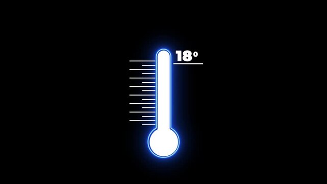 Glowing neon Medical thermometer icon animation. Digital meter indicates weather temperature 18 degree increse or decline. Thermometer equipment showing hot or cold weather.