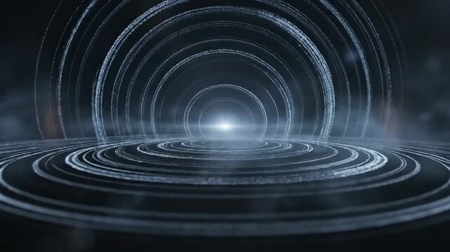 Futuristic dark void environment featuring a precise centered luminous core surrounded by thin translucent concentric rings, faint blue-gray glow with soft volumetric haze and understated lens