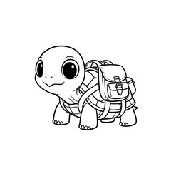 Fototapeta premium Cute cartoon baby turtle wearing a backpack line art