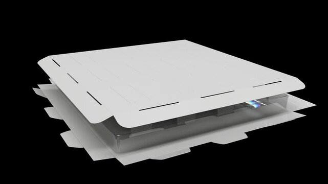 Folding an blank white cardboard boxes with empty compartments into an advent calendar mockup. Advent calendar door opening. 3d animation isolated on black